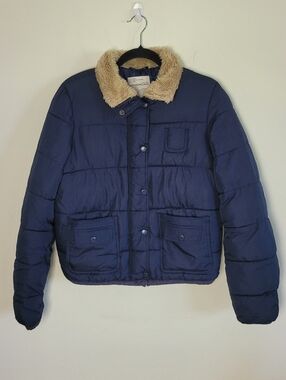 Aeropostale Cropped Puffer Jacket Faux Fur Collar Blue Quilted Size Medium